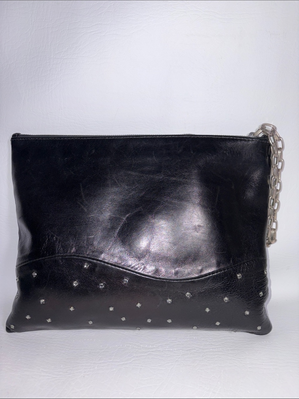 Lauren Merkin Black Embellished Wristlet Leather Clutch Purse